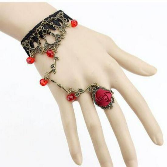 Retro Lace & Crystal Lolita Bracelet-Ring Chain