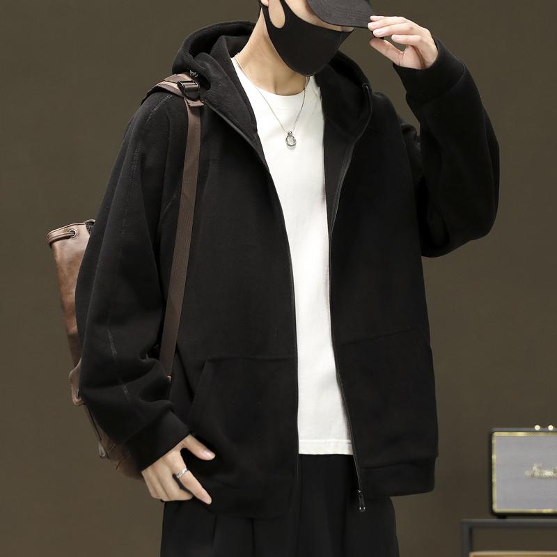 Autumn and Winter Polar Fleece Hooded Cardigan Sweatshirt Solid Color Simple Men's Zipper Jacket Top