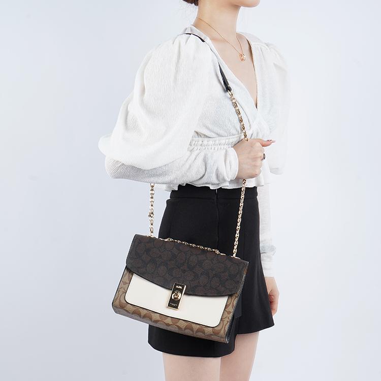 Coach Lane 26 Fashion Color Block Chain Crossbody Shoulder Bag Coated Canvas And Leather Medium Women handbags Brown White C1539-IMNOX