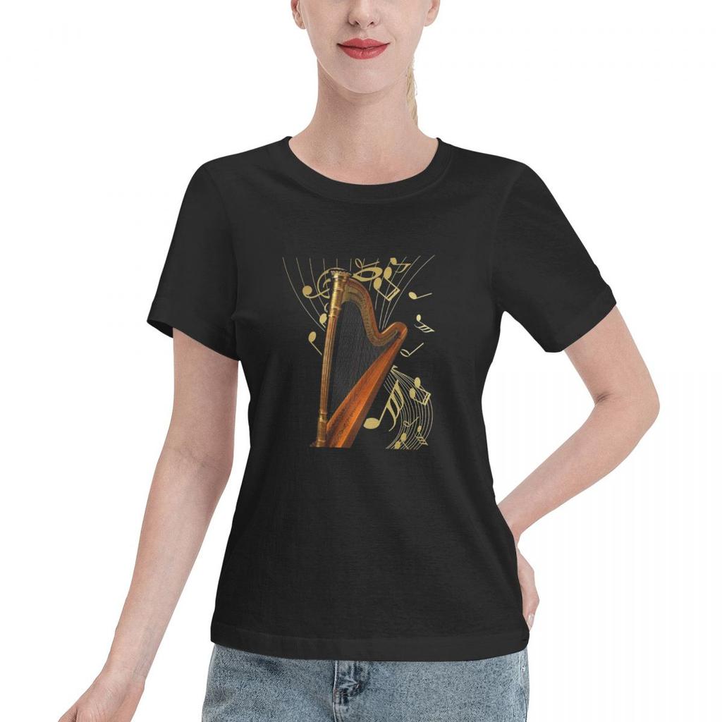 Harp And Music Note Art TShirt Women Short Sleeve T Shirts Crew Neck Clothes Cotton Summer Tees Streetwear