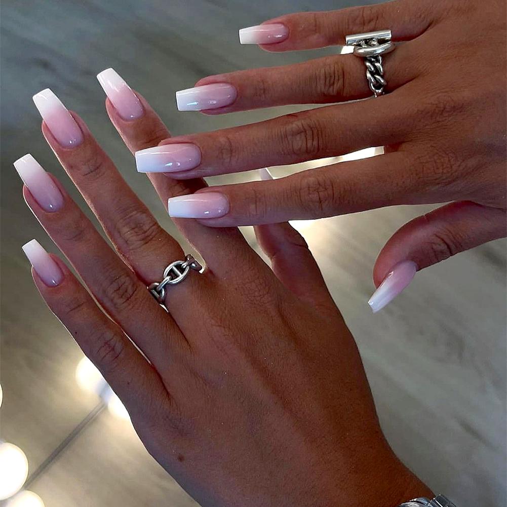 24pcs Gradient Color False Nail Mid-length Full Cover Reusable Fake Nail Press On With Jelly Glue Nail Accessories for Girl Lady