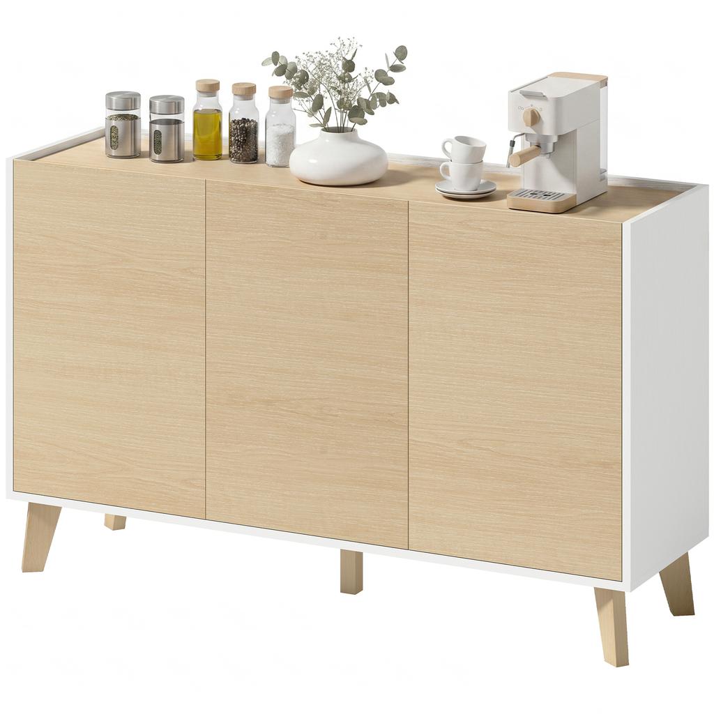 Kitchen Sideboard, 3 Soft-Close Doors, 6 Compartments, Natural Wood and White