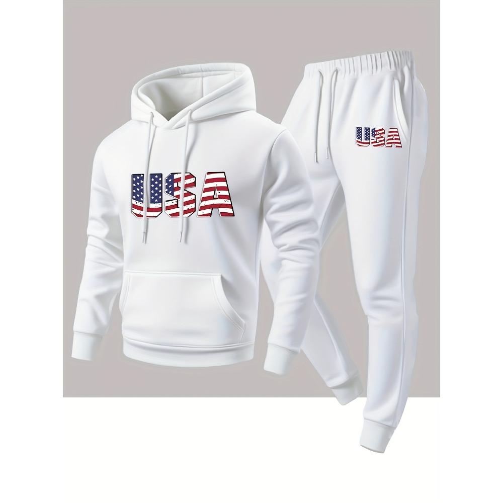 Autumn and Winter Men's Sports and Leisure Hooded Sweatshirt and Sweatpants Set 2 Pieces with Fashionable National Flag Print