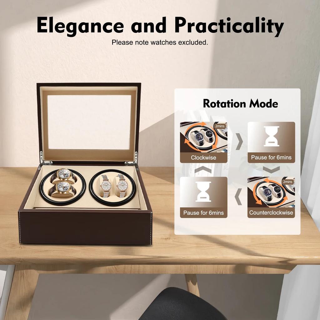 Bymaocar Automatic Low Noise Watch Winder Box Home Decor,Stores/offices 10-Watch Display Boxe Brown Leather W/ 2 Winding Devices