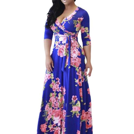 Summer Women Dress Deep V Neck Wrapped Long Sleeve Flower Print Big Hem Lace-up Tight High Waist Spring Evening Party Prom Banquet Maxi Dress