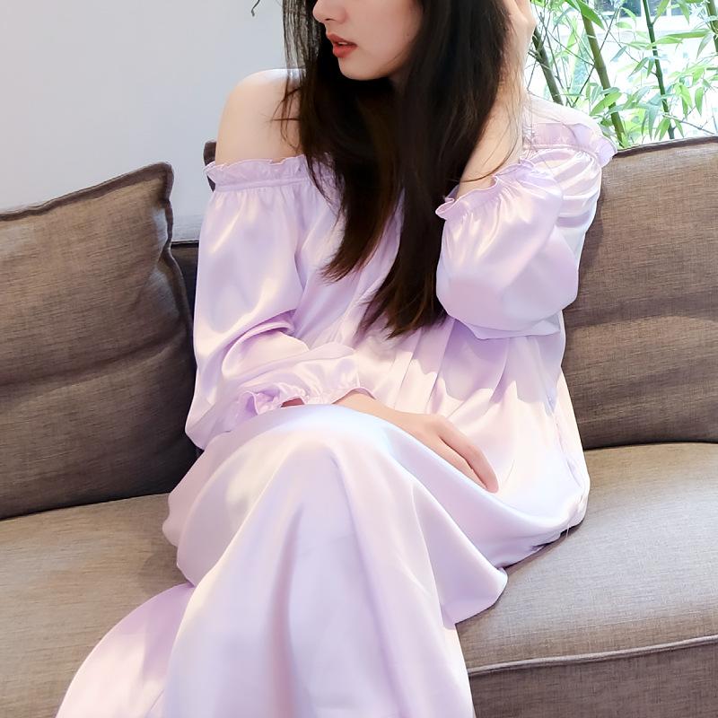 Women's One-Shoulder Solid Colour Nightgown Homewear Senior Set Thin Pajamas
