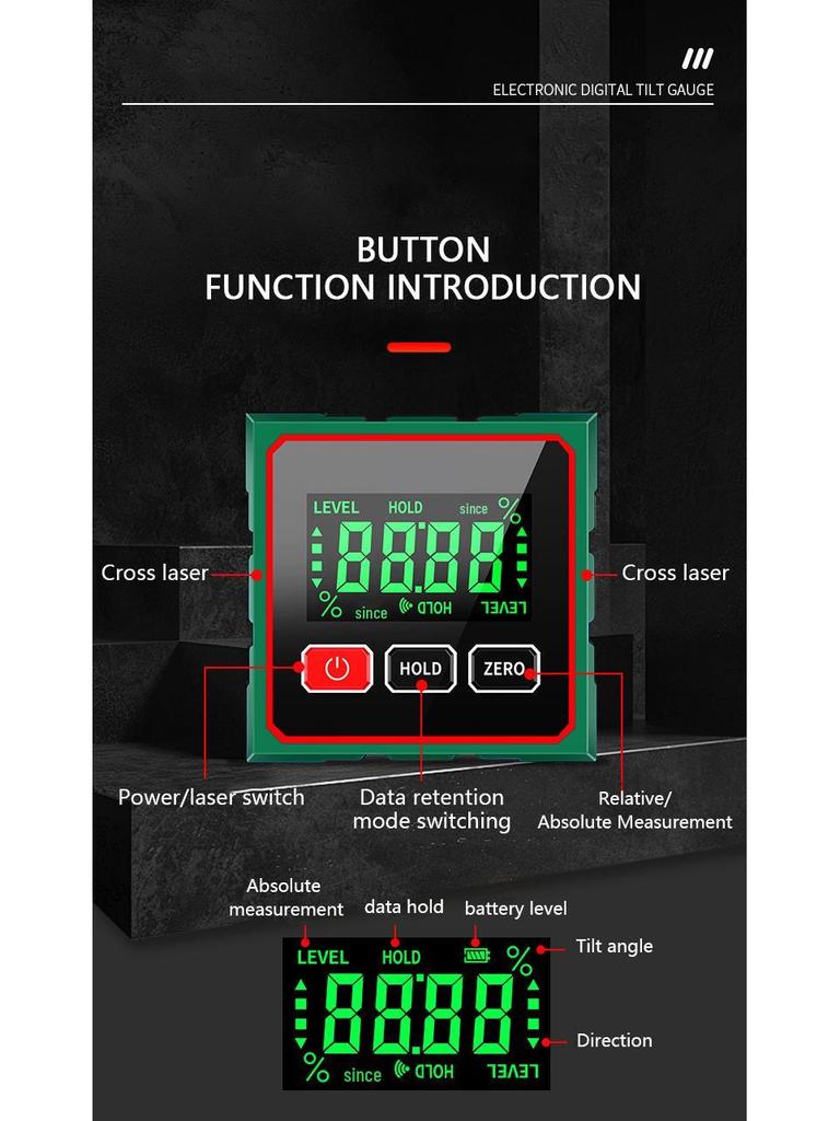 Cyfrowy inklinometr magnetyczny Precision 360° z inteligentnym wyświetlaczem laserowym i poziomicą