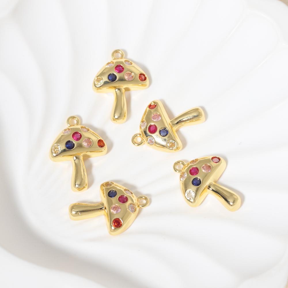Multicolor Zirconia Mushroom Charms Golden Plated Copper Jewelry DIY Parts