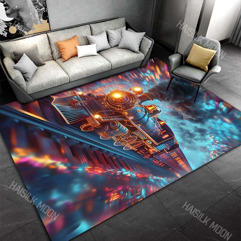 1PC Cyberpunk neon steam locomotive racing through tunnel Carpet for Living Room Bedroom Sofa Home Decor Rus Non-slip Floor Mat
