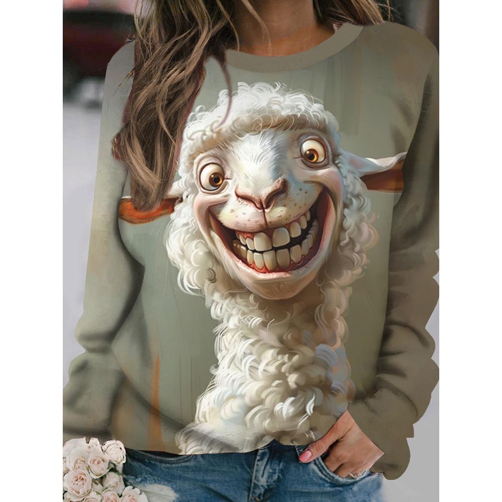 Women's Long-Sleeved T-Shirt for Fall Loose-fitting Casual Long-Sleeved Top Cartoon Animal Print OverSize Women's Clothing