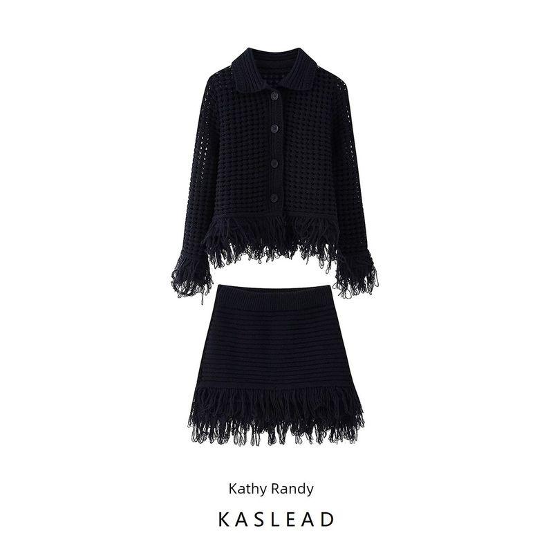 Kaslead New Women Clothes Western Style Lapel Long Sleeve Knitted Outerwear Skirt 4331004 4331005