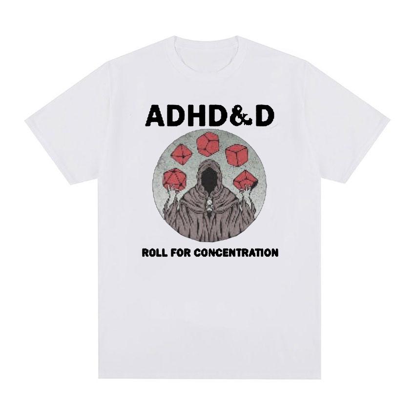 

ADHD&D Roll For Concentration Забавная графическая футболка Женская унисекс Ретро мода Готическая одежда Футболки Повседневная хлопковая футболка большого размера XXXL белый