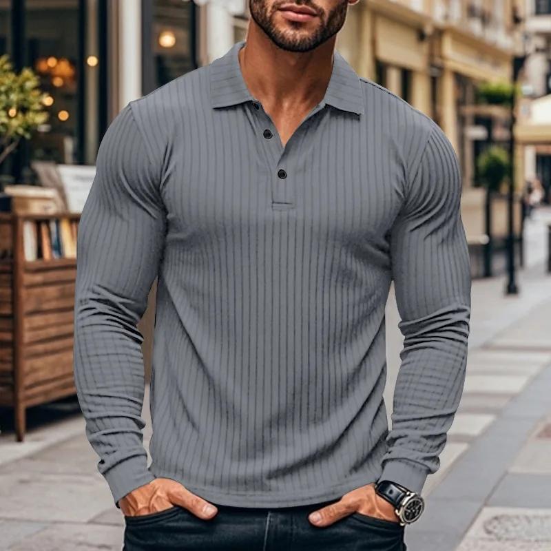 Cross-border Autumn and Spring Men's Classic Casual American Lapel Button-up Long-sleeved T-shirt Elastic Polo Shirt