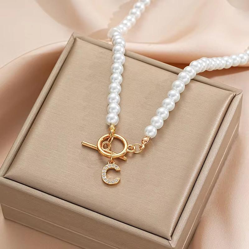 Rhinestone Letter Imitation Pearl Choker Necklace For Women Gold Plated Crystal Initial Pendant Necklace