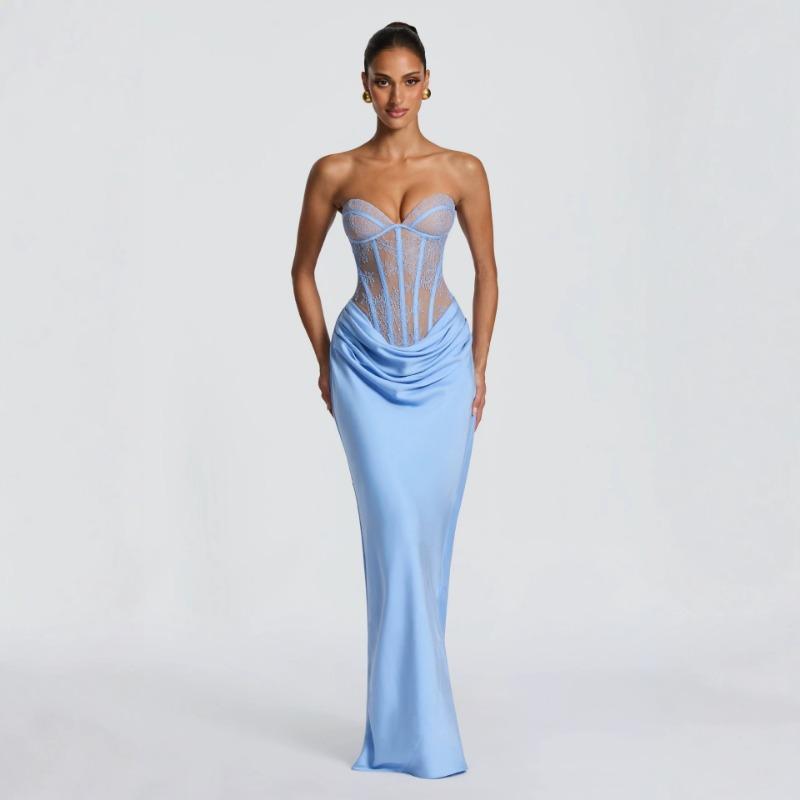 Women French Elegant Solid Lace Strapless Sling Slim Fit Evening Party Midi Dress