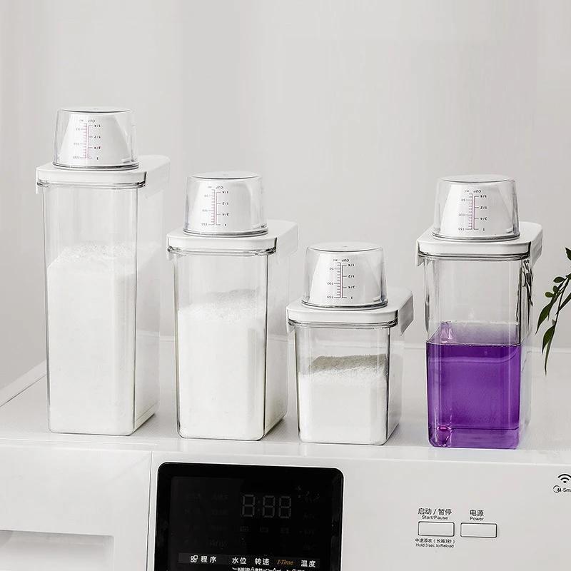 Vaskemiddelbeholder Lufttett Dispenser med Målekopp Klar Oppbevaringsboks for Vaskepulver Ris Frokostblanding Dispenser