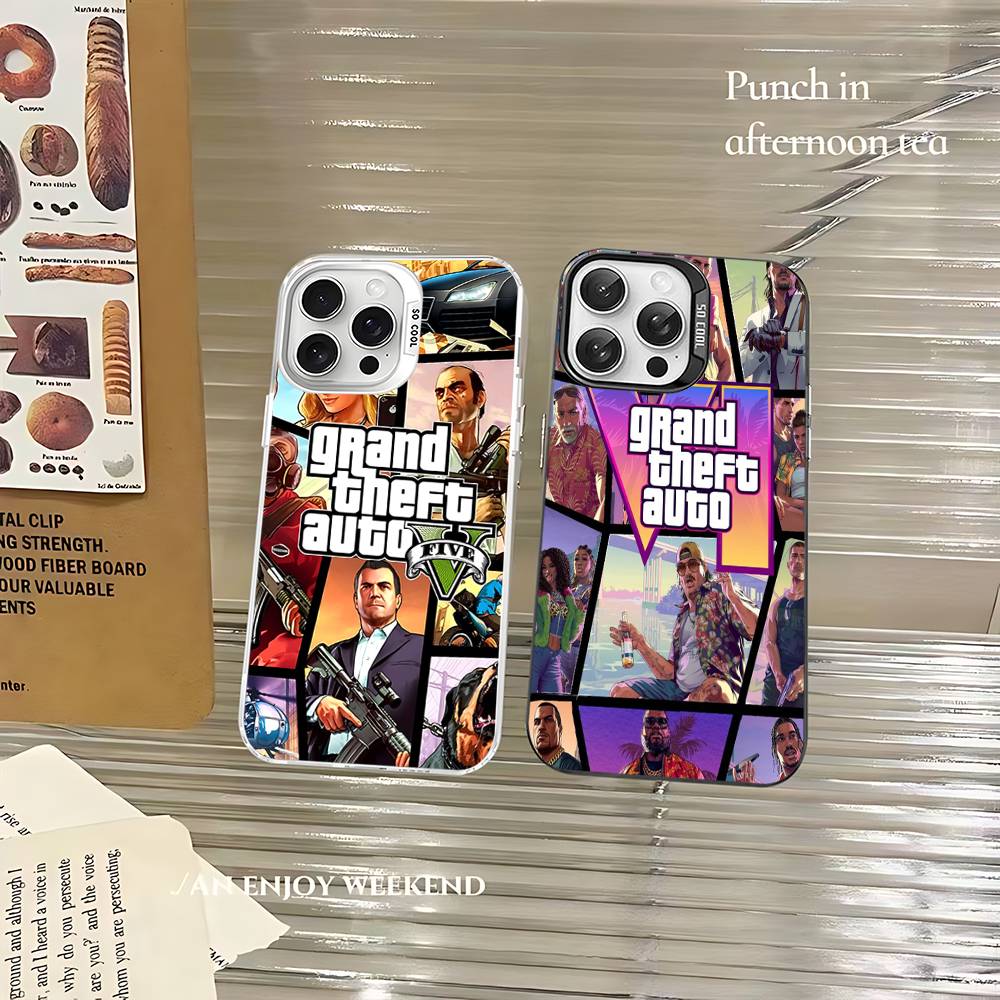 D-Decor T-Theft A-Auto G-GTA Joc Video Carcasă Telefon Pentru IPhone 17 16 15 14 11 12 13 Pro Max Plus Pro Colorată Argintie Cover