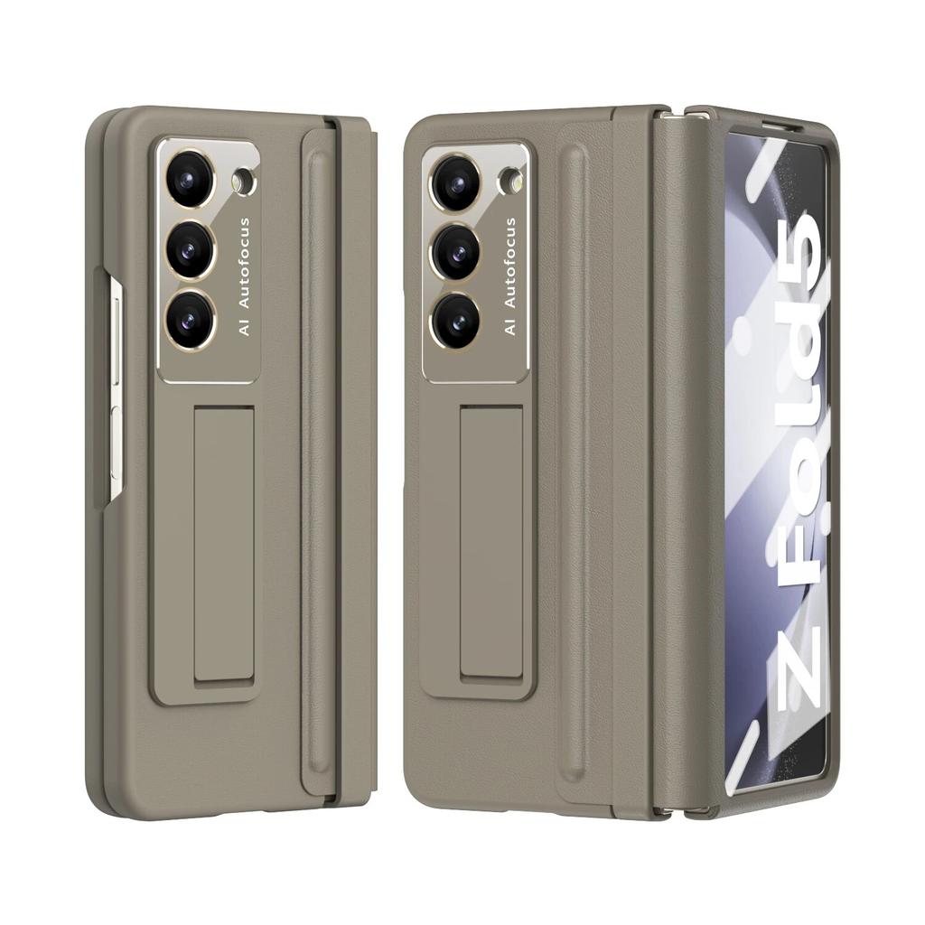 Luxury Leather with Holder Z Fold5 Hinge Protector Case for Samsung Galaxy Z Fold 5 4 5G Case with Glass Screen Protector Cover