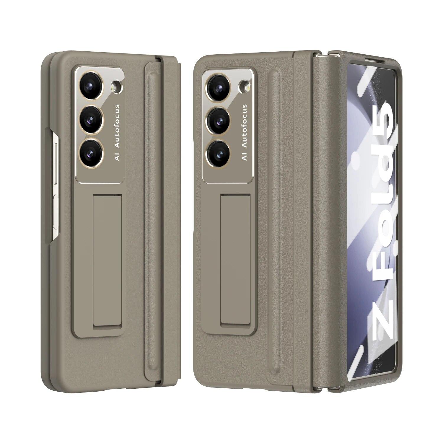 

Роскошный кожаный чехол с держателем Z Fold5 для Samsung Galaxy Z Fold 5 4 5G со стеклянным защитным чехлом для экрана For Galaxy Z Fold 5 кофейный