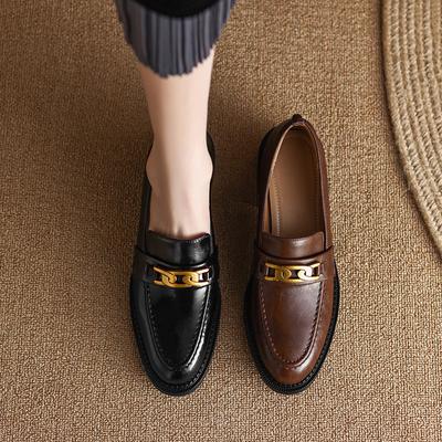Winter Velvet Single Shoes Thick Heel Metal Buckle Loafers French Brown Versatile Small Leather Shoes