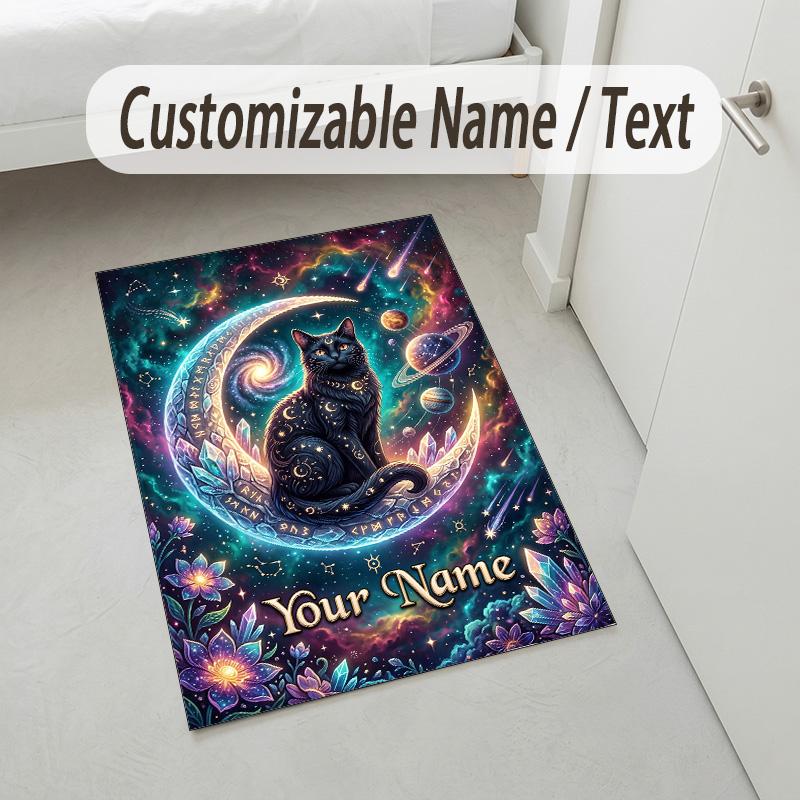 Cosmic Cat Theme Soft Crystal Velvet Rug Custom Name & Text Print Non Slip Floor Rug for Bedroom Living Room