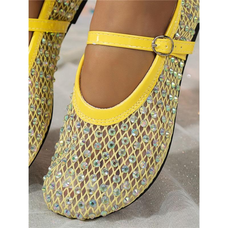 Women's Fashion Flat Shoes, Summer New Mesh Rhinestone Mary Jane Shoes, One Buckle Casual Flats