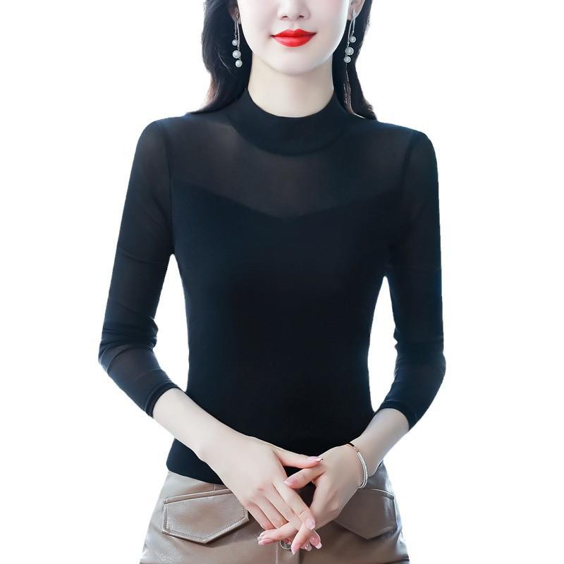 Womens Bottoming Blouse Winter Updated Long-sleeved T-shirt Foreign Sexy Inside Semi-turtleneck Black Mesh Top M