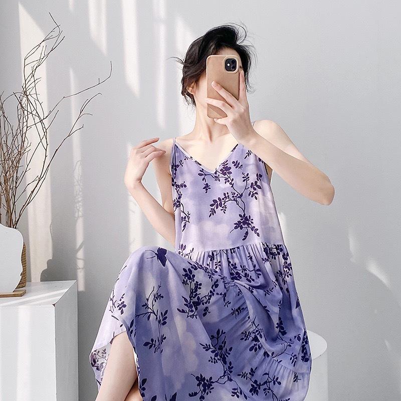 New Women's Cotton and Silk Nightgown Summer Thin Large Size Printing Sweet Floral Pajamas Sleeveless Outer Suspenders