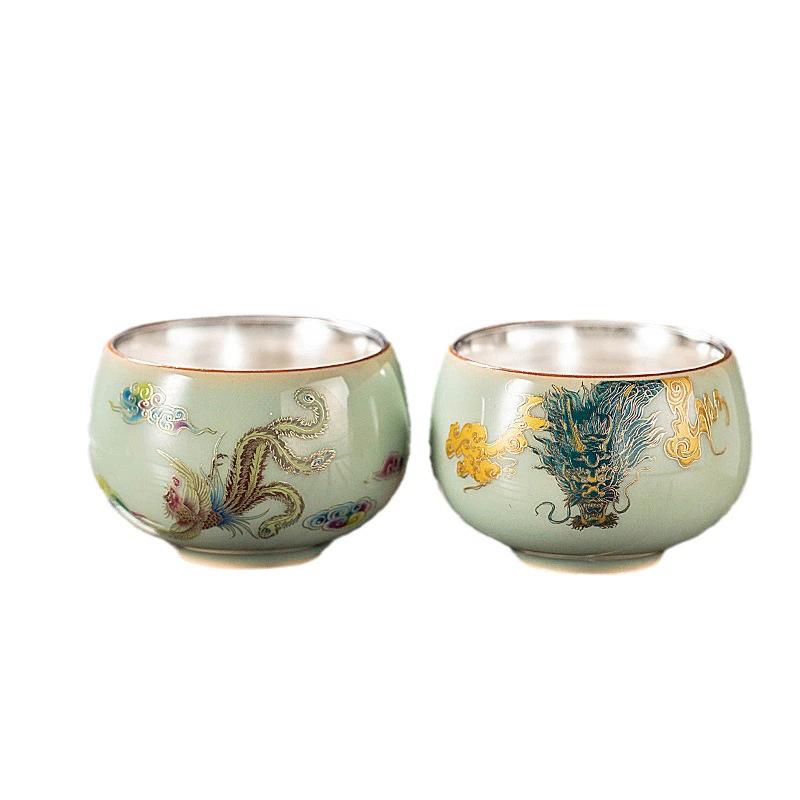 

Gilded Silver Dragon Phoenix Double Cup Tea Bowl Ceramic Kung Fu Tea Set Tea Cup Set Kungfu Tea Cups 2pcs/lot