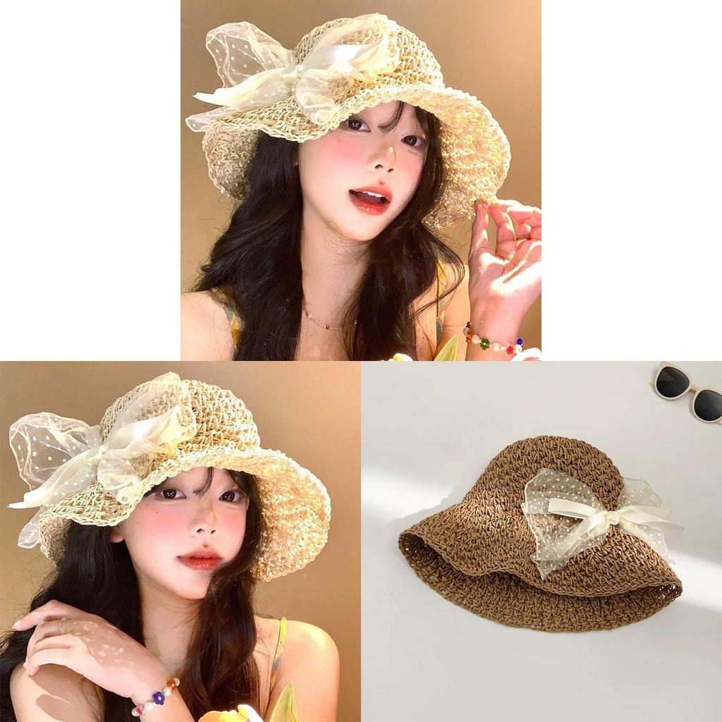 Butterfly Knot Lace Sun Hat For Women Summer Beach Sun Protection Foldable Wide Brim Fashion Accessory