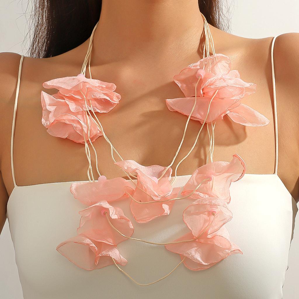 Collana da Donna Gioielli Collane a Strati Stile Vacanza Estiva al Mare Pezzi di Fiori in Tessuto Collana di Fiori con Perline di Cristallo Collana Elegante