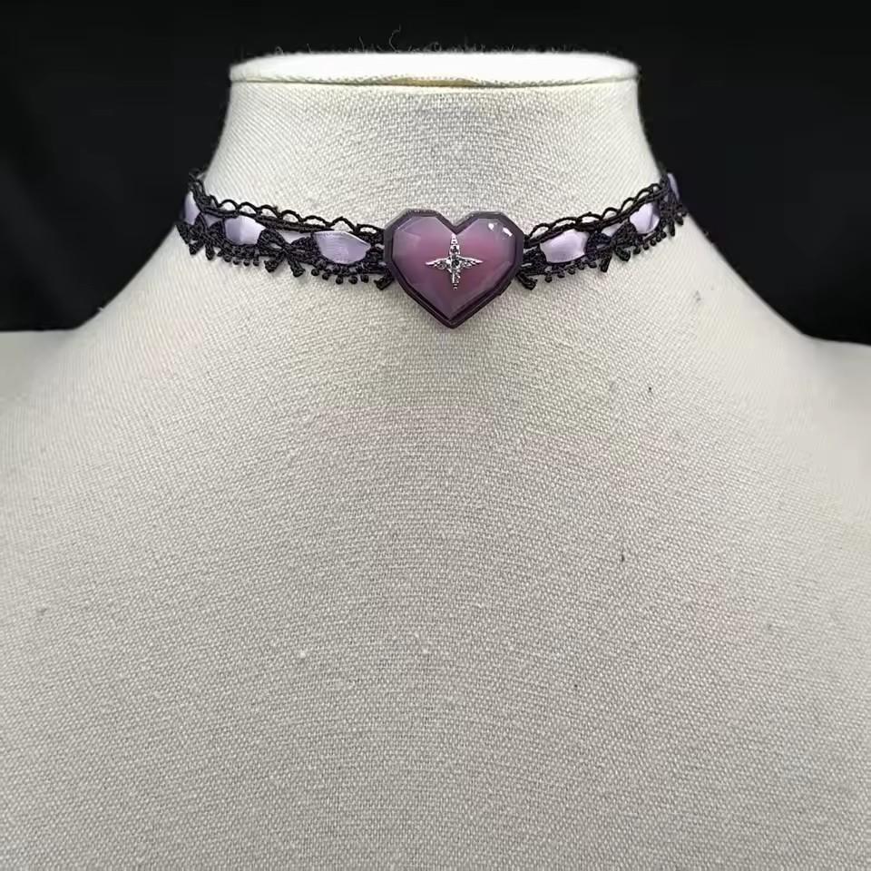 Gothic Fashion Heart Lace Choker Charms Necklaces For Women Y2K Goth Vintage Aesthetic Accessories Grunge Jewelry