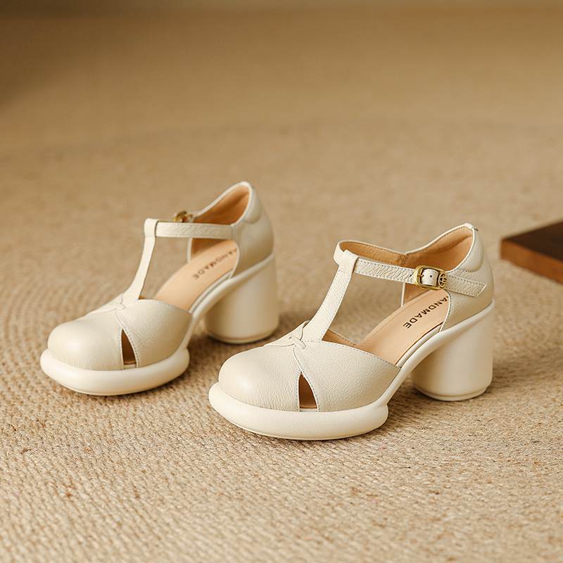 Krazing Pot Sheep Skin Round Toe Size 41 Thick Round High Heels Buckle Straps Hollow Platform Gladiator Autumn Pumps