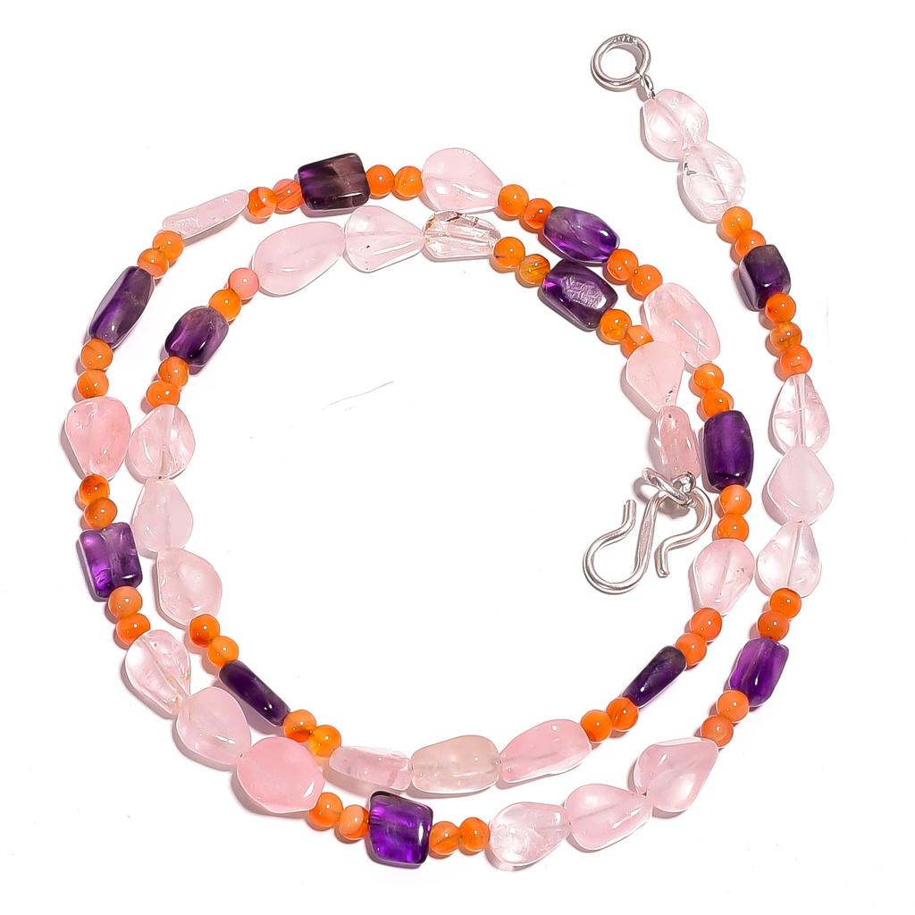 Natural Rose Quartz Carnelian Amethyst Gemstone Smooth Beads Necklace 17" UB3064 UB-3064