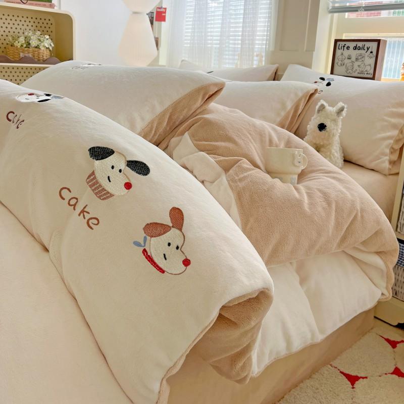 Ins Cute Cartoon Milk Fleece Bedding Set Winter Flannel Duvet Cover Sheet
