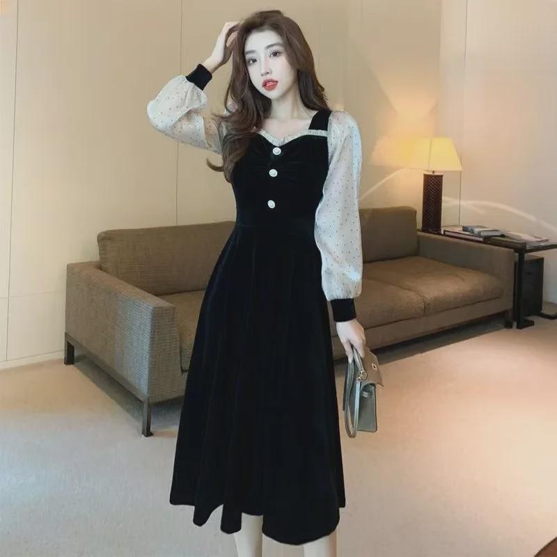 

2023 Узкое платье в стиле Хепберн с квадратным вырезом, контрастным бархатом и рукавами-фонариками на осень/зиму XXL чёрный