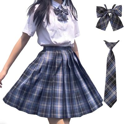 GEAHOL School Uniform Skirt 3-Piece Set Girls' Pleated High Waist Washable Adjustable Butterfly Tie Check Pattern M Dark Blue