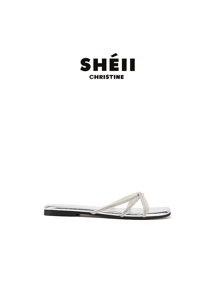 

Sheepskin version Su Yinyin of the same moonlight wonderland rhinestone thin strap toe flat flip-flop slippers women s sandals outside summer 35