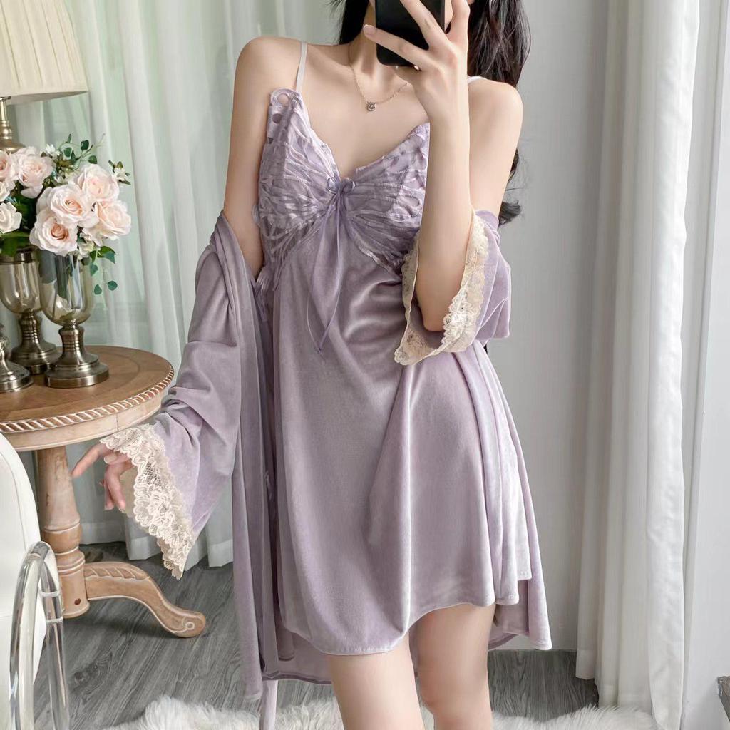 Women's Gold Velvet Butterfly Lace Pajama Set – Camisole and Beautiful Back Sleepwear with Chest Pads for Autumn/Winter.