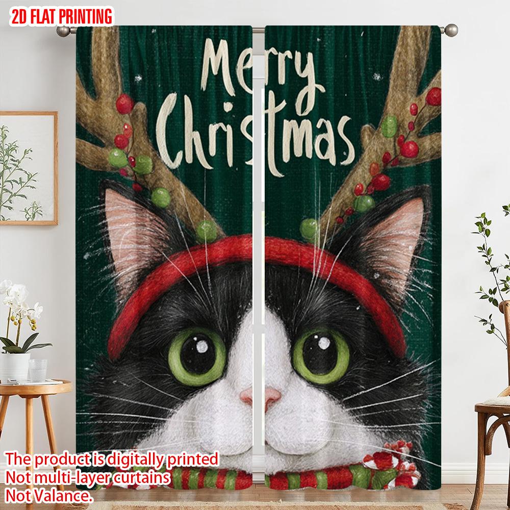 2pcs  2D plane printing Curtains Digital Printed Winter Black Cat Versatile Polyester Fabric (without rod) Holiday Ldeal for