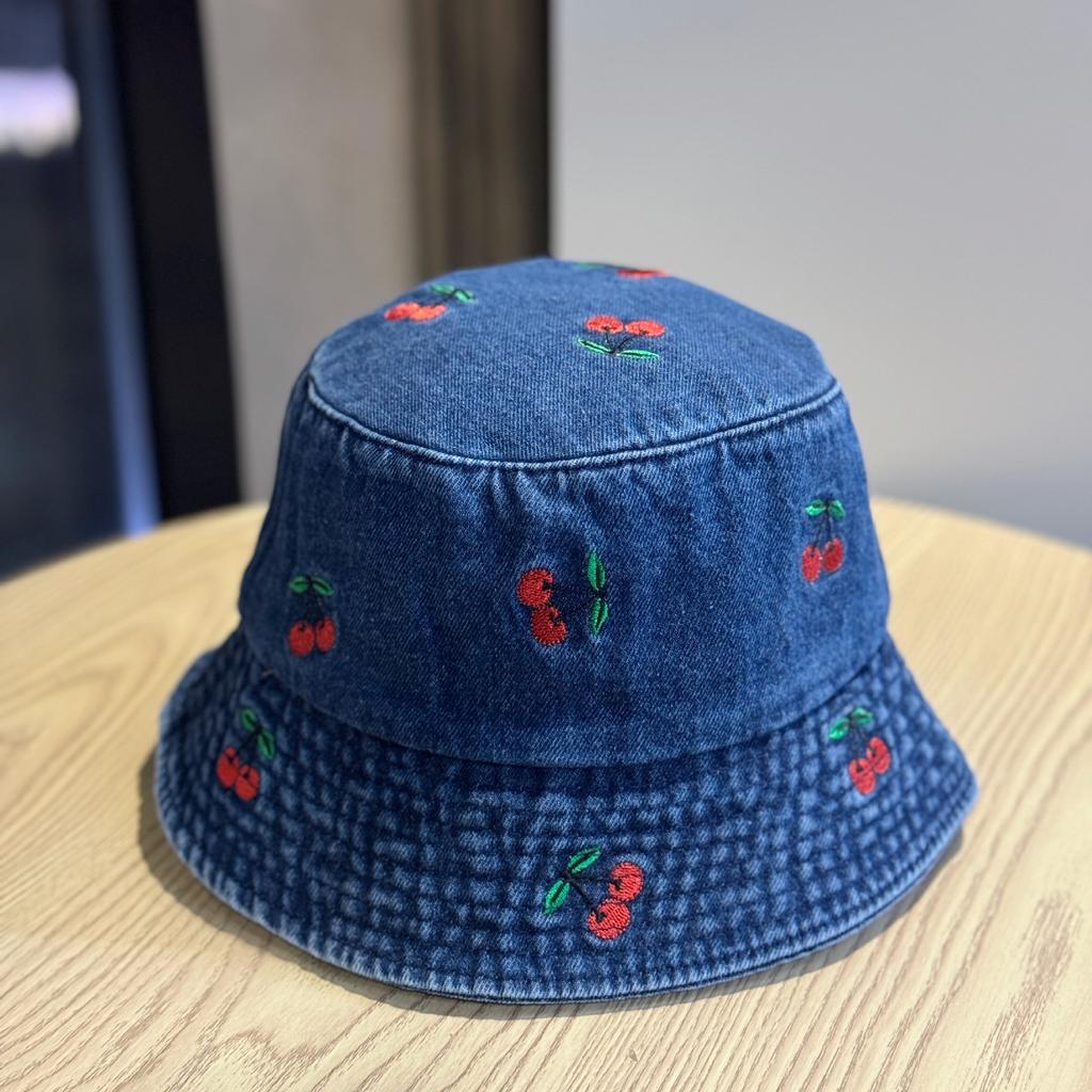 Spring and summer new style small cherry denim fisherman's hat, a fashionable and cute sunshade hat for women, suitable for outdoor leisure and sun