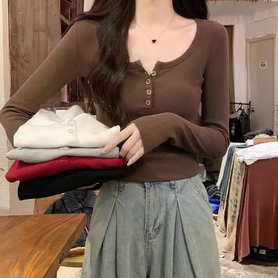 Pure Desire Hot Girl Long Sleeve T-Shirt Women's Chic Button Half Open Collar Bottoming Shirt Short Slim Fit Top Autumn