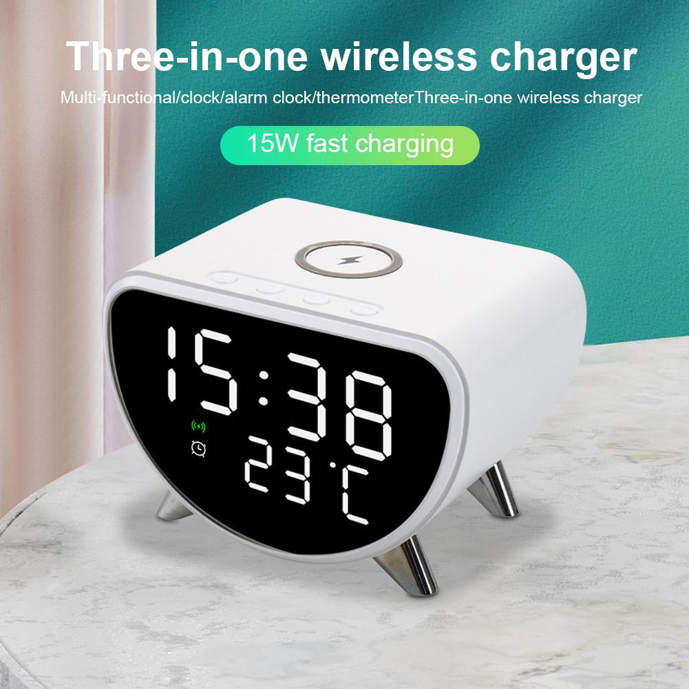 Digital Alarm Clock with Wireless Charging with Temperature Meter 15W Fast Wireless Charger Station for Bedrooms