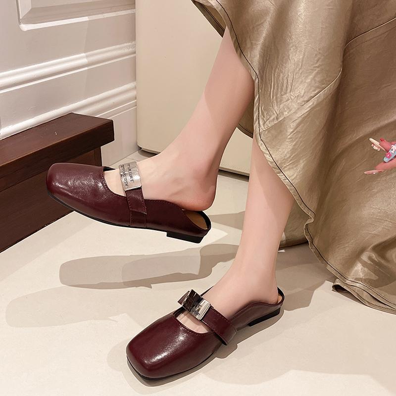 Fashion Aphixta Metal Buckle Spring Slippers Square Toe Outdoor Woman Shoes Slip On Low Heel Slides zapatos de mujer pantunflas Size 42
