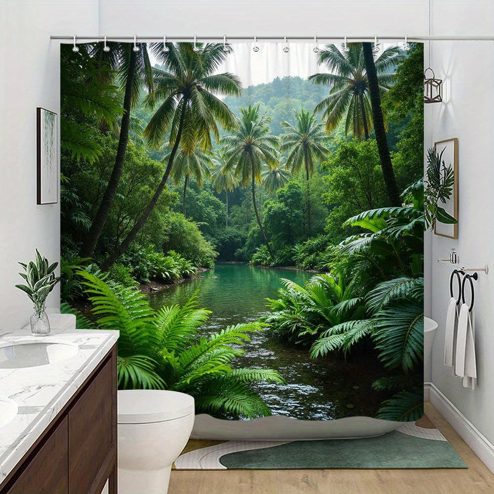 Tropical Paradise River Scene Waterproof Shower Curtain for Bathroom Decor, Bringing the Outdoors Inside with Lush Greenery
