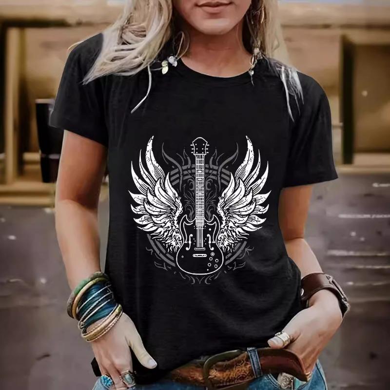 Summer Guitar Pattern Pure Cotton Round Neck Short Sleeved Casual Fashion Top T-Shirts Women’s