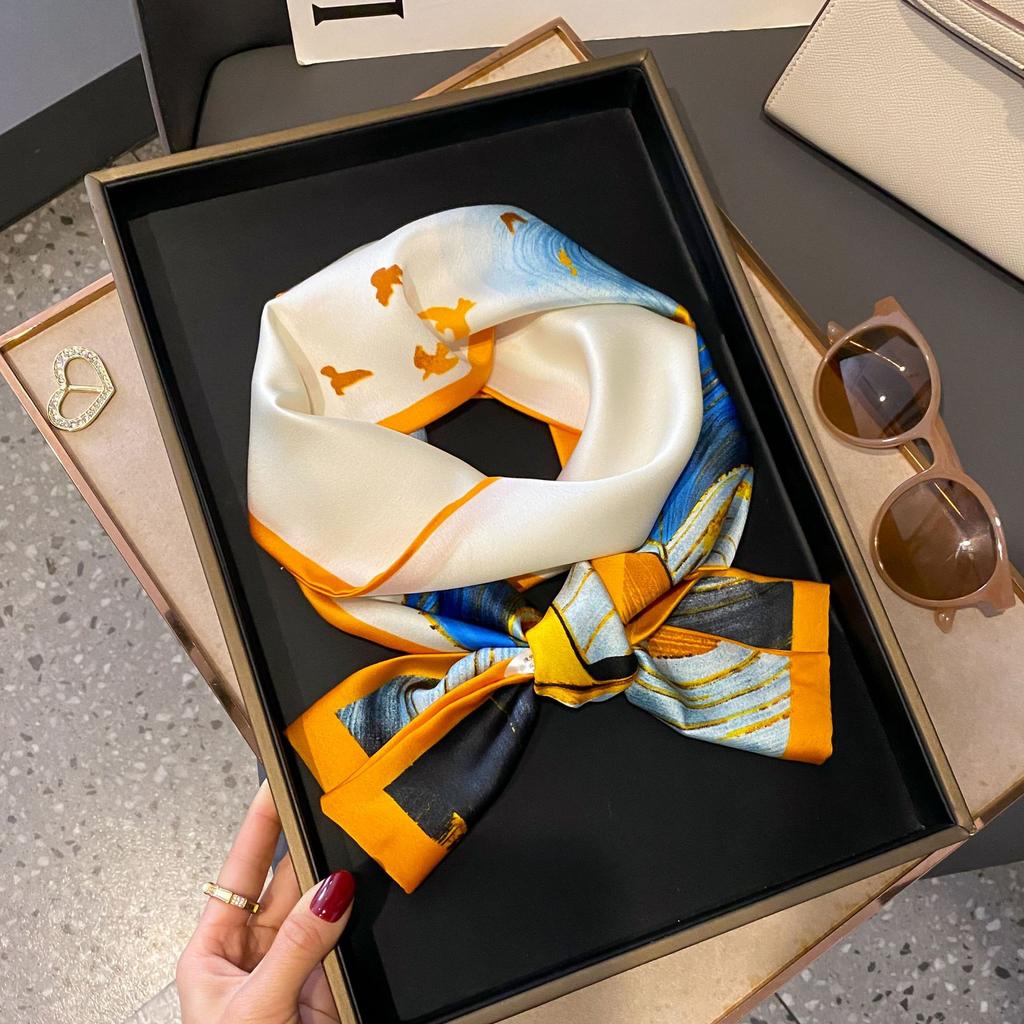 Luxury Women Elegant Boho-Chic Print Scarf Headband Neckerchief Foulard Female Hair Scarfs Neck Tie Skinny Scarves Soft Satin