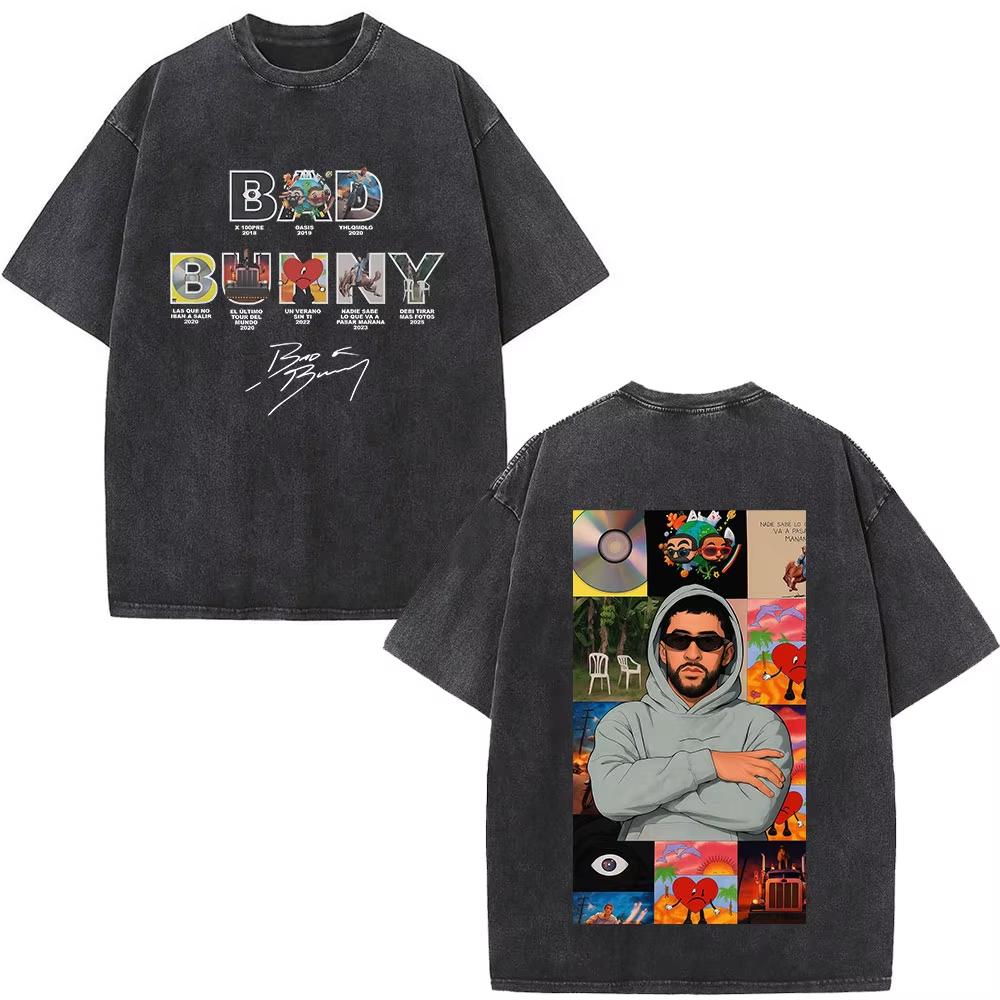 Rapper Bad Bunny Washed Vintage T-shirt Debi Tirar Mas Fotos DTMF World Tour T Shirts Men's Fashion Hip Hop T-shirts Streetwears