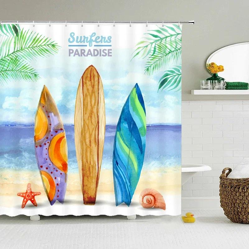3d Printing Sea View Beach Shell Sea Surf Shower Curtains  Bathroom Curtain Waterproof Polyester Cloth With Hook Bath Home Decor