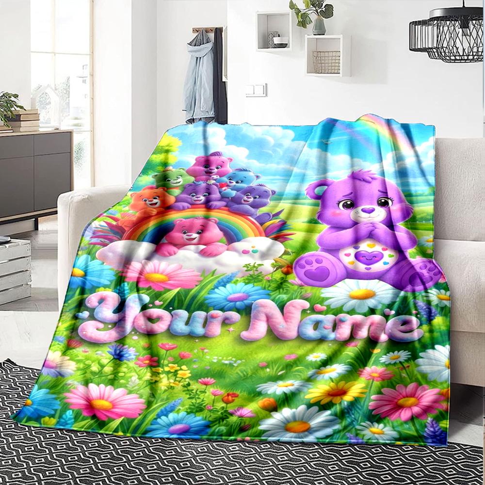 Name Custom Cartoon Care Bears Print Flannel Blanket High Quality Warm Comfortable Cover for All Seasons Perfect for Gifts Home Decor
